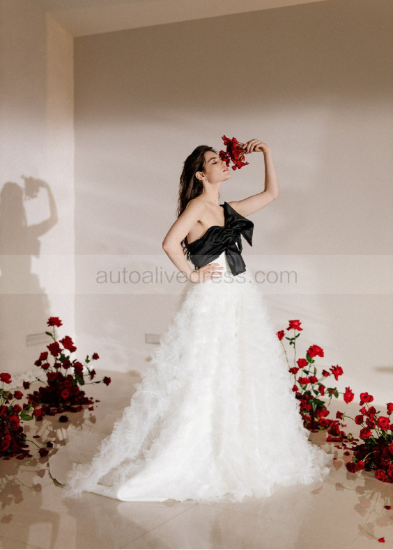 One Shoulder Black And White Elegant Wedding Dress